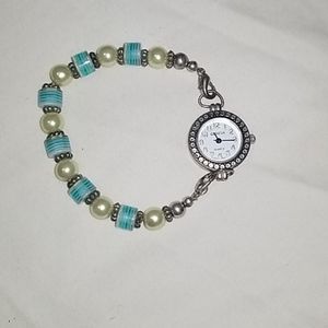 silver watch with green/blue beads